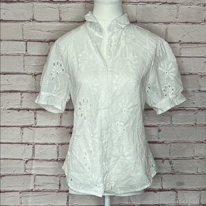 Liv Los Angeles White Eyelet Short Sleeve Button Down Top NWT